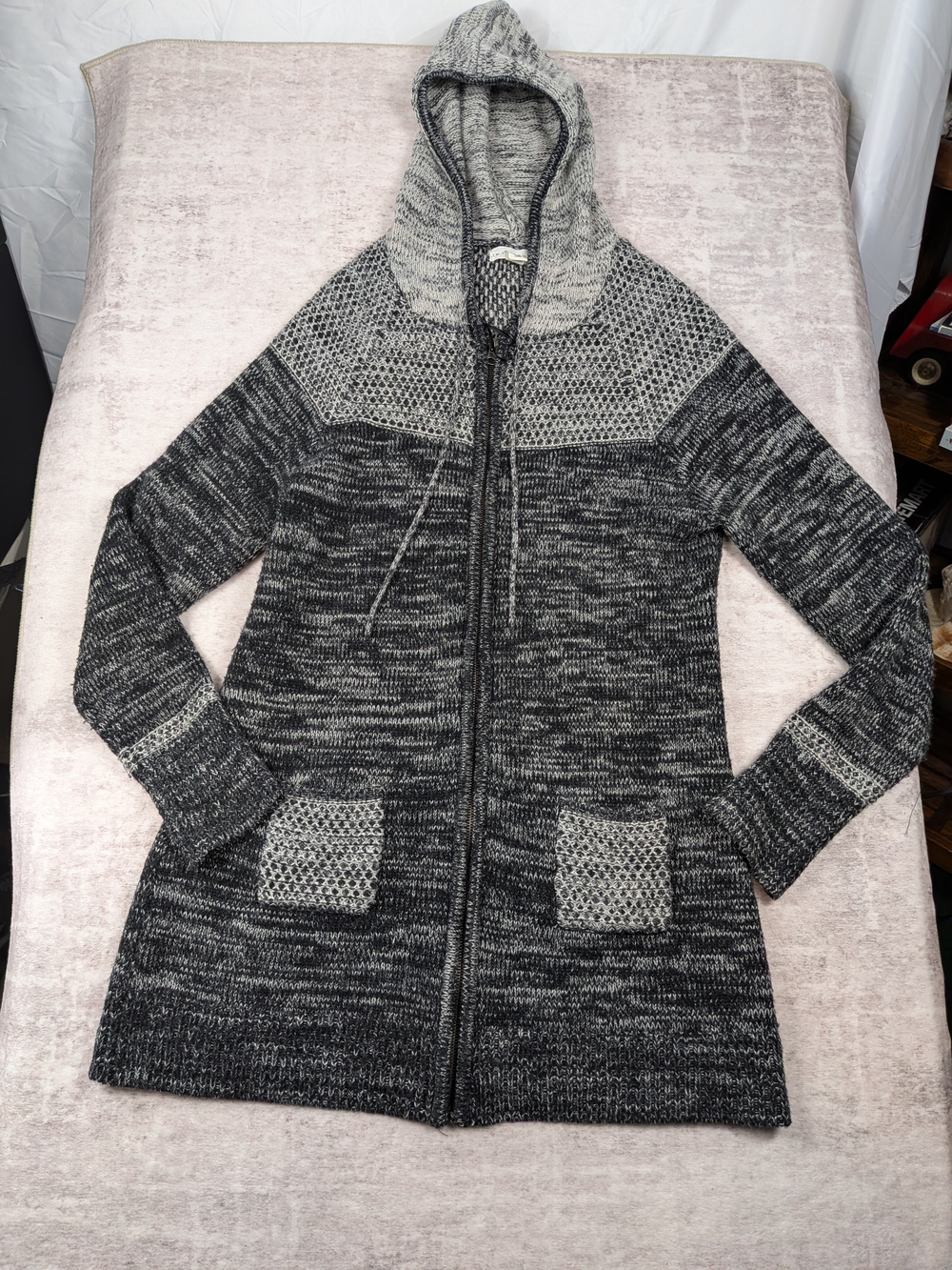if it were me Black and Gray Hooded Zip Knit Cardigan